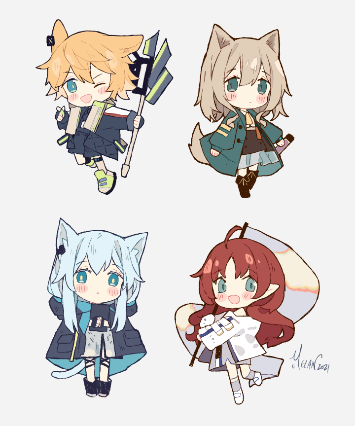 rosmontis, myrtle, podenco, and leonhardt (arknights) drawn by melanbread