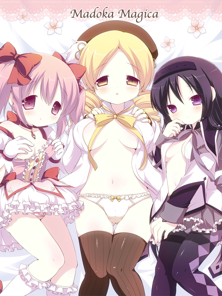 akemi homura, kaname madoka, and tomoe mami (mahou shoujo madoka magica) drawn by sakura_puchirou