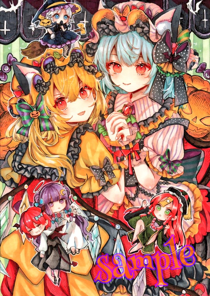 remilia scarlet, flandre scarlet, izayoi sakuya, patchouli knowledge, hong meiling, and 1 more (touhou and 1 more) drawn by monji_(monzi328)