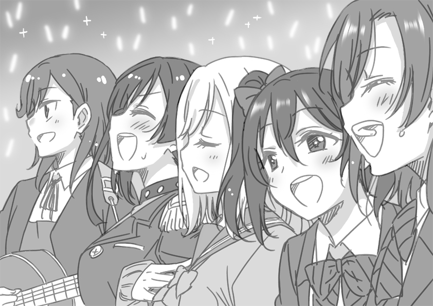 yazawa nico, kosaka honoka, yuki setsuna, kunikida hanamaru, and shibuya kanon (love live! and 4 more) drawn by marugoshi_teppei