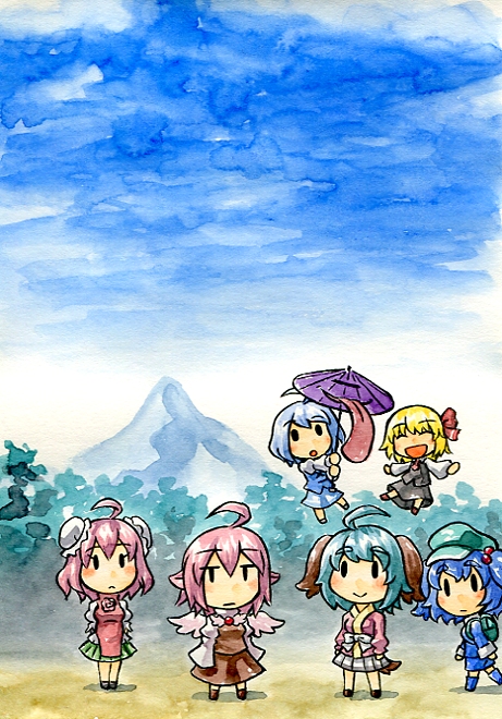 rumia, tatara kogasa, kawashiro nitori, mystia lorelei, ibaraki kasen, and 1 more (touhou) drawn by kawachi_koorogi
