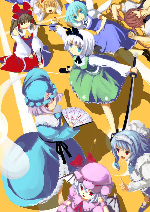 hakurei reimu, remilia scarlet, izayoi sakuya, konpaku youmu, cirno, and 4 more (touhou) drawn by hirasawa_akito