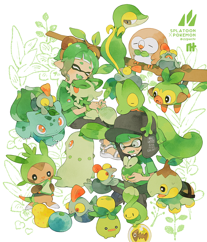 inkling player character, inkling girl, inkling boy, rowlet, bulbasaur, and 11 more (pokemon and 2 more) drawn by pechika