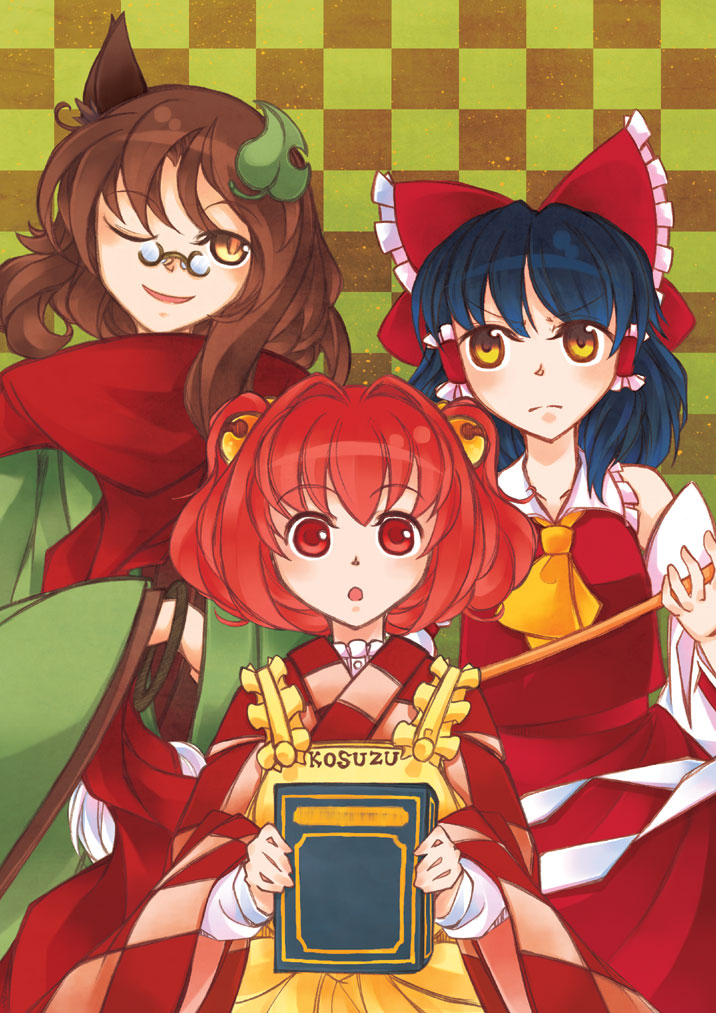 hakurei reimu, futatsuiwa mamizou, and motoori kosuzu (touhou) drawn by uri_uri