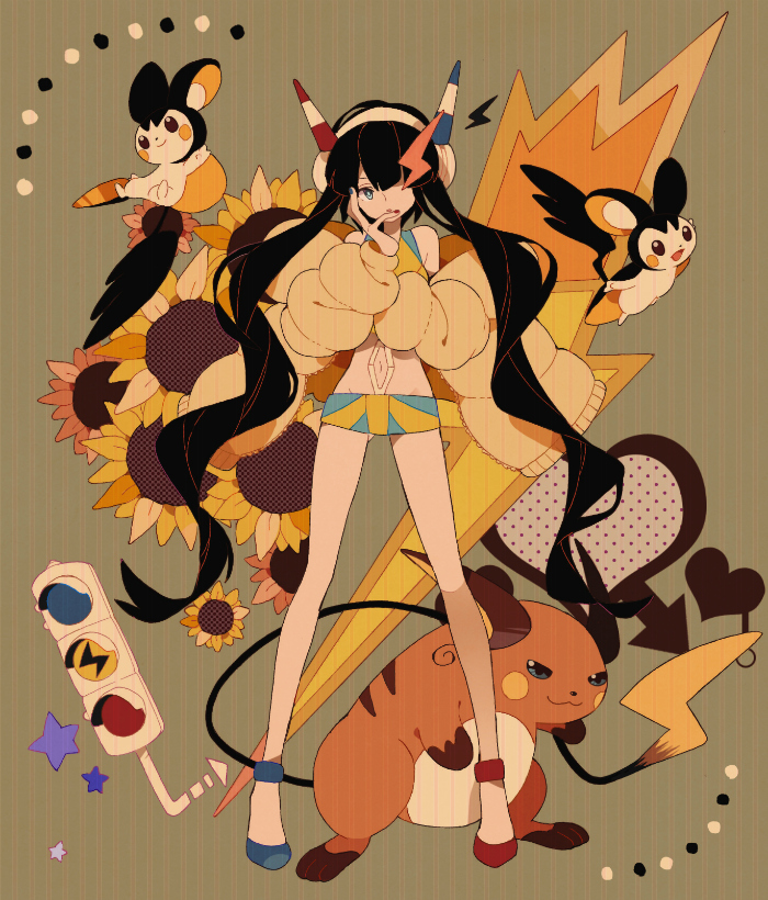 elesa, raichu, and emolga (pokemon and 1 more) drawn by atori12