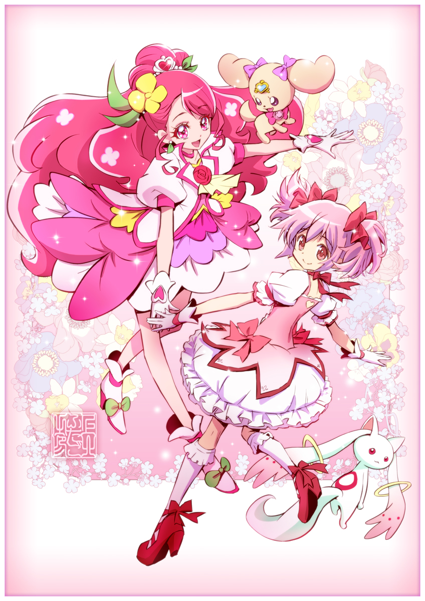 kaname madoka, kyubey, hanadera nodoka, cure grace, yuuki aoi, and 1 more (mahou shoujo madoka magica and 2 more) drawn by kamikita_futago