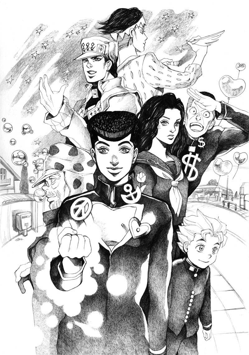 joseph joestar, kujo jotaro, higashikata josuke, kishibe rohan, nijimura okuyasu, and 2 more (jojo no kimyou na bouken and 1 more) drawn by bud_(korovsme)
