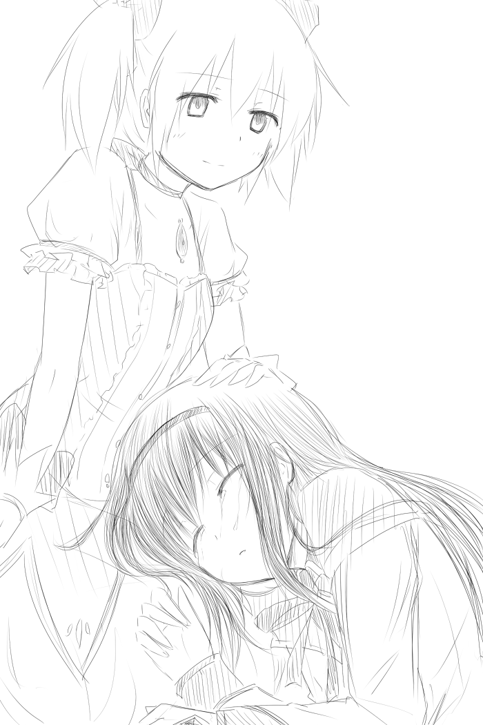 akemi homura and kaname madoka (mahou shoujo madoka magica) drawn by sakusyaretsuden
