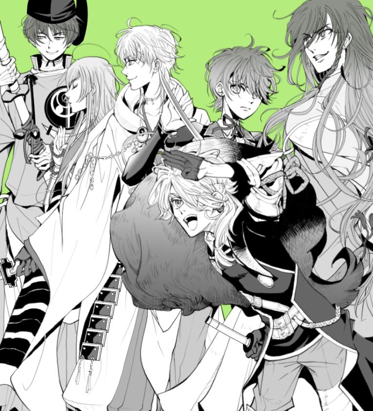 tsurumaru kuninaga, izumi-no-kami kanesada, horikawa kunihiro, kousetsu samonji, shishiou, and 1 more (touken ranbu) drawn by higashiyama_kazuko