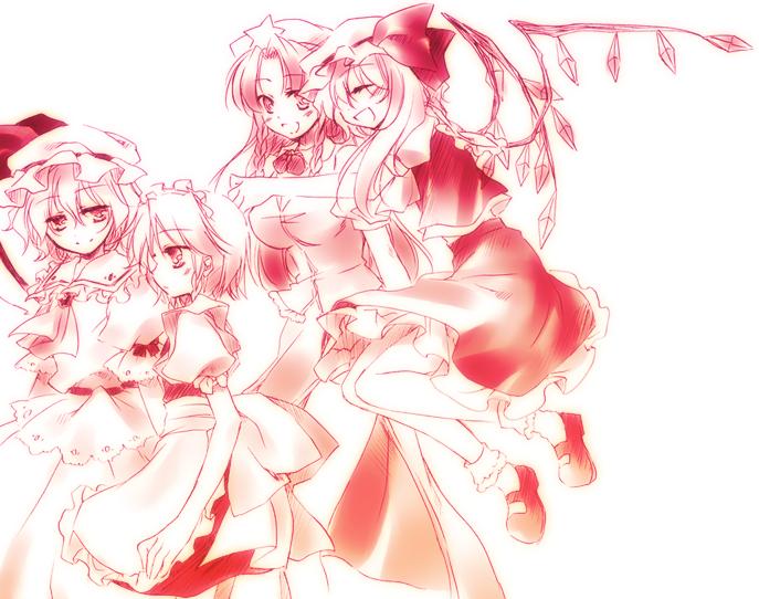 remilia scarlet, flandre scarlet, izayoi sakuya, and hong meiling (touhou) drawn by motomiya_mitsuki