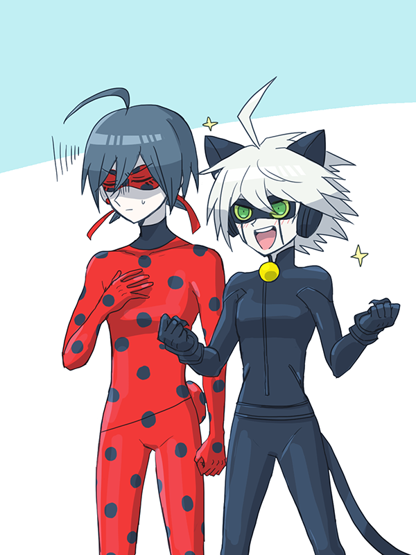 saihara shuichi, k1-b0, ladybug, and chat noir (danganronpa and 2 more) drawn by gohan_(8823cobalt)