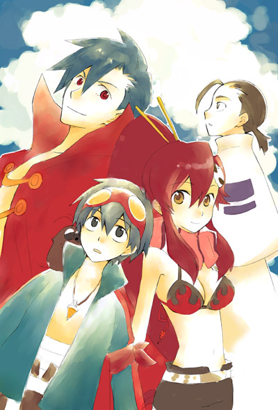 yoko littner, simon, kamina, and rossiu adai (tengen toppa gurren lagann) drawn by yamasato