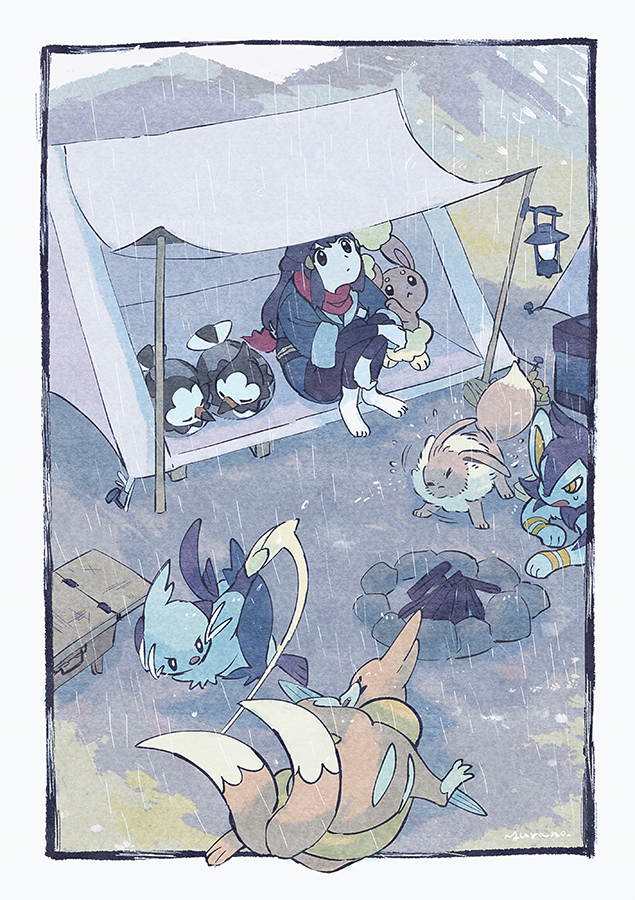 eevee, akari, buneary, starly, dewott, and 2 more (pokemon and 1 more) drawn by yurano_(upao)