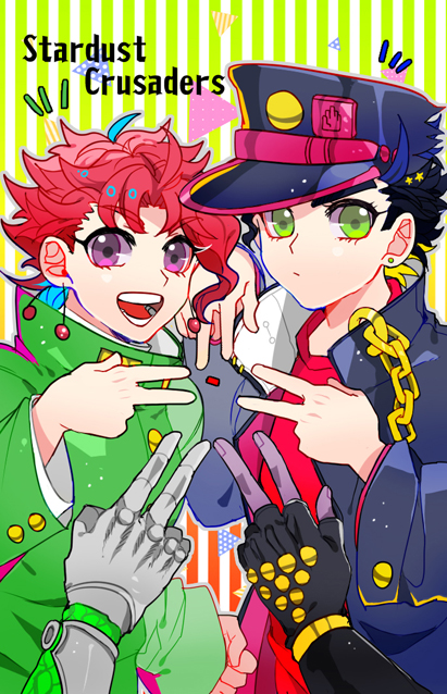 kujo jotaro, kakyoin noriaki, star platinum, and hierophant green (jojo no kimyou na bouken and 1 more) drawn by sakaumi