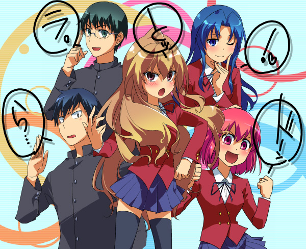 aisaka taiga, kawashima ami, takasu ryuuji, kushieda minori, and kitamura yuusaku (toradora!) drawn by toku_(ikaika)
