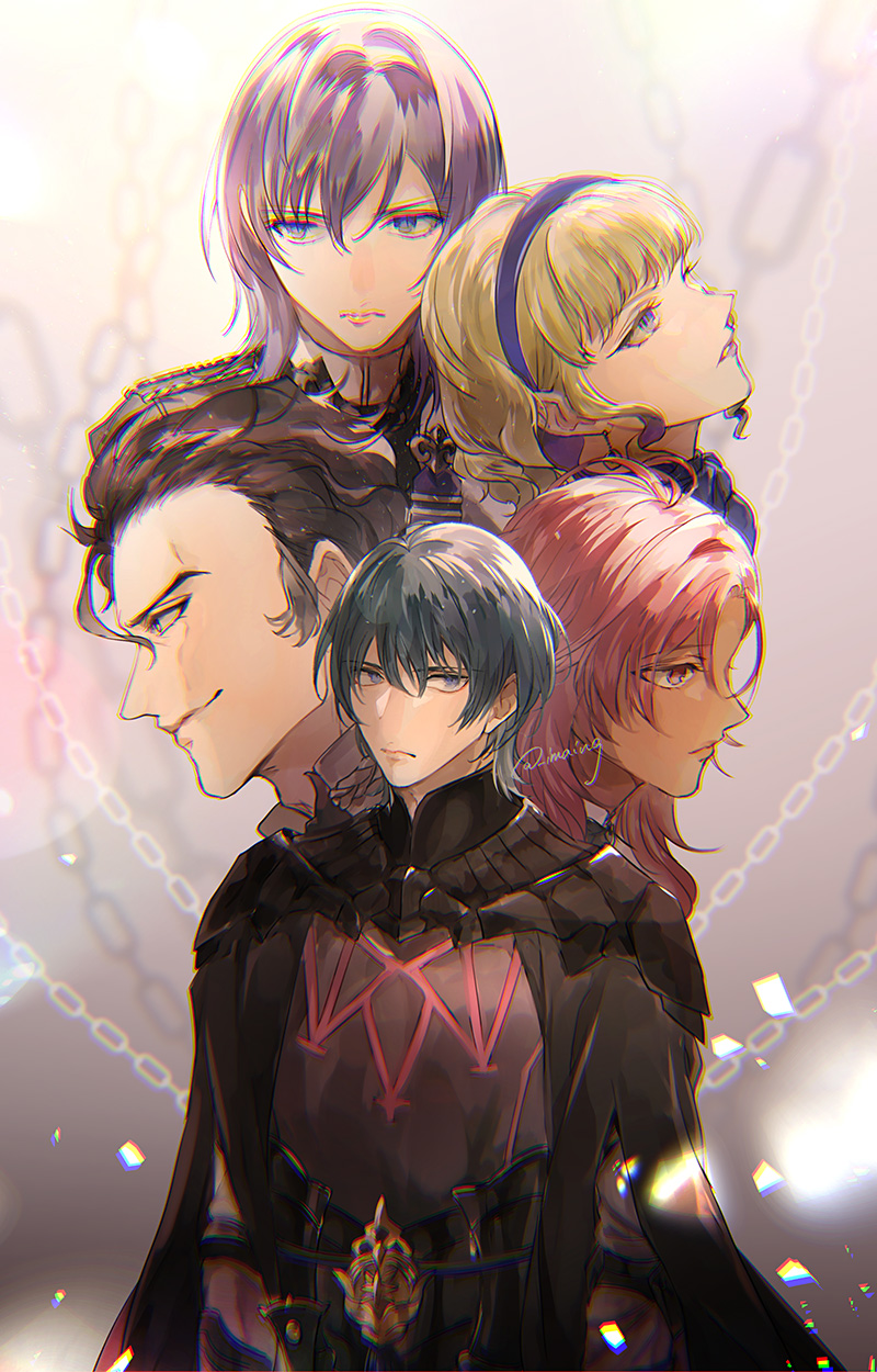 male byleth, constance von nuvelle, hapi, yuri leclerc, and balthus von albrecht (fire emblem and 1 more) drawn by shinsuke_(moccori)
