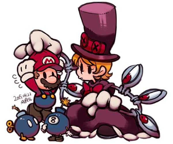 mario, peacock, bob-omb, and george the bomb (mario and 1 more) drawn by ghost-pepper