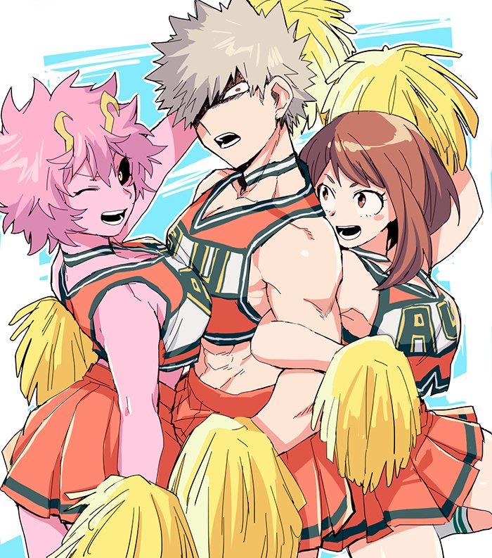 uraraka ochaco, bakugou katsuki, and ashido mina (boku no hero academia) drawn by abaraya
