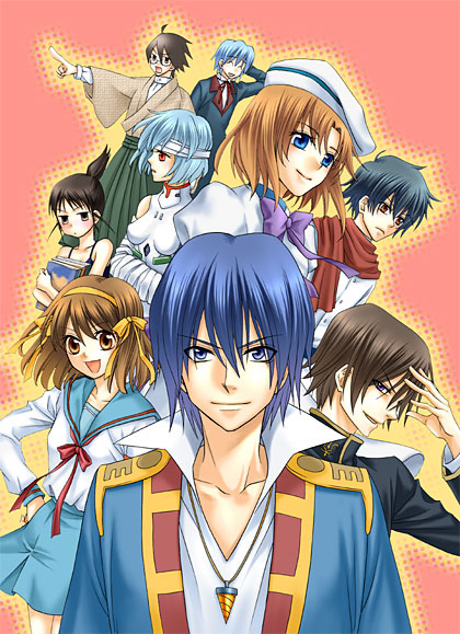 suzumiya haruhi, ayanami rei, ryuuguu rena, lelouch vi britannia, simon, and 4 more (gundam and 9 more) drawn by maroko