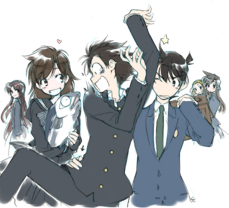 mouri ran, kudou shin'ichi, kuroba kaito, nakamori aoko, suzuki sonoko, and 1 more (meitantei conan and 1 more) drawn by toujou_sakana