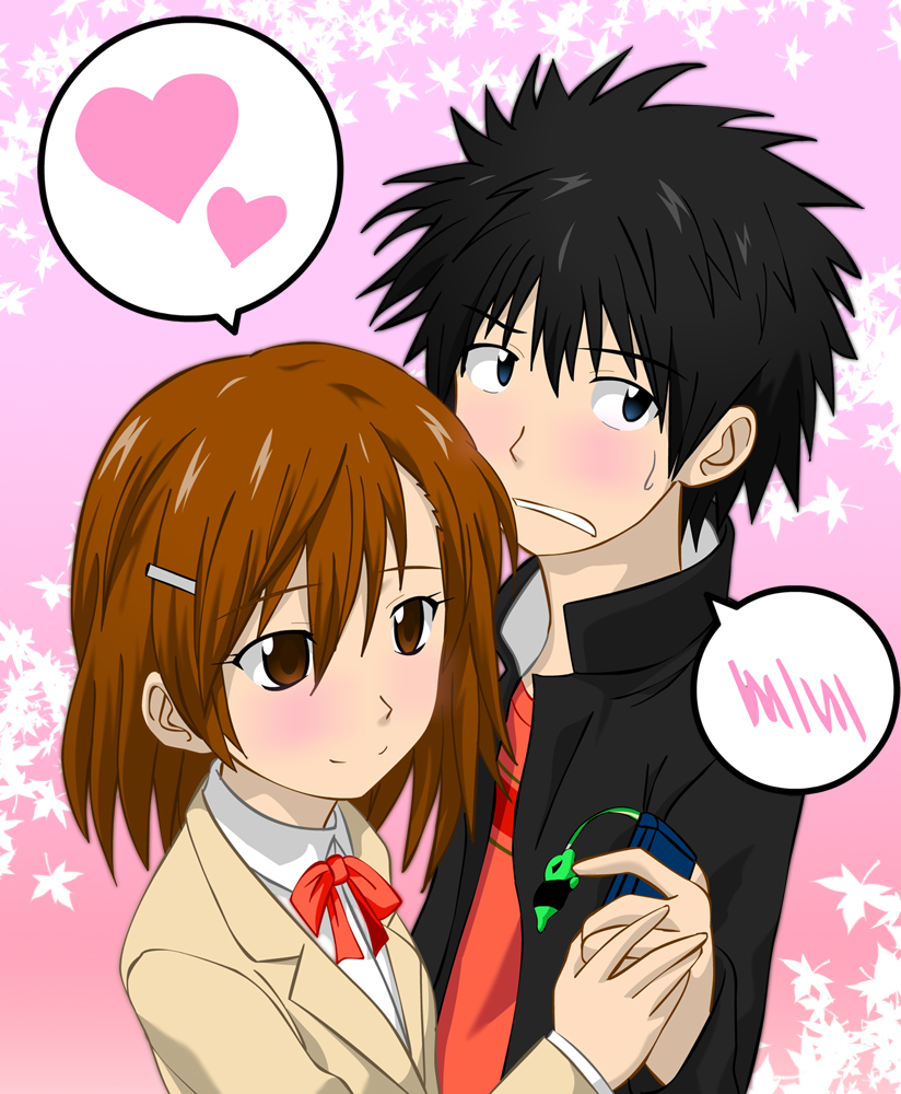 misaka mikoto, kamijou touma, and gekota (toaru majutsu no index) drawn by watarui
