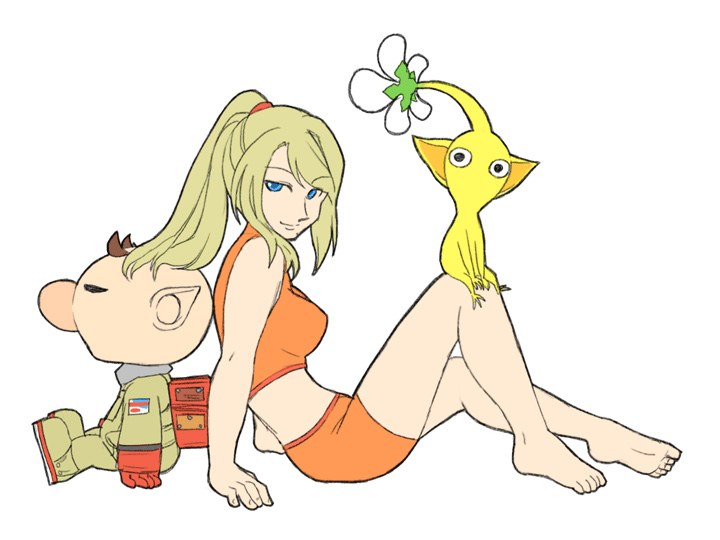 samus aran, olimar, and yellow pikmin (super smash bros. and 2 more) drawn by naru_(wish_field)