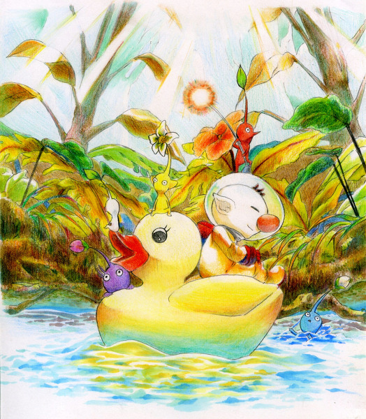 red pikmin, olimar, yellow pikmin, blue pikmin, purple pikmin, and 1 more (pikmin) drawn by asapii