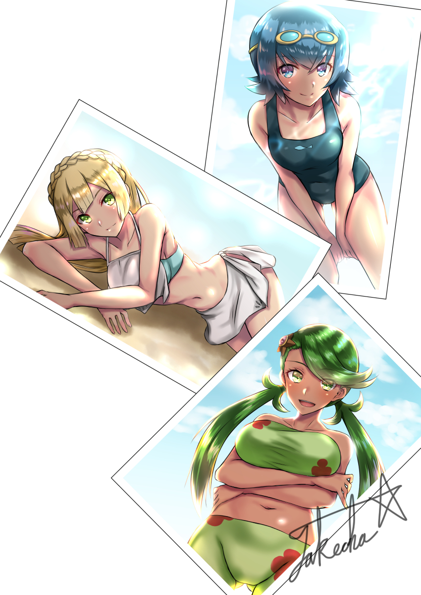 lillie, lana, mallow, and staryu (pokemon and 1 more) drawn by takecha