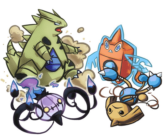 rotom, chandelure, tyranitar, and hitmontop (pokemon and 1 more) drawn by sailorclef