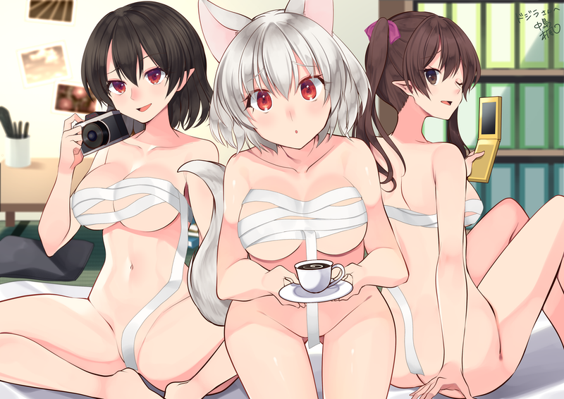 shameimaru aya, inubashiri momiji, and himekaidou hatate (touhou) drawn by kaede_(mmkeyy)