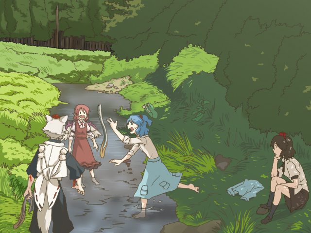 shameimaru aya, inubashiri momiji, kawashiro nitori, and mystia lorelei (touhou) drawn by torinone