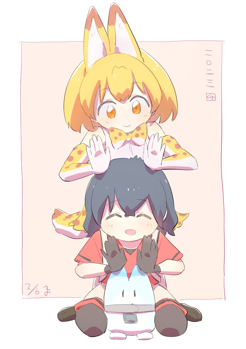serval, kaban, and lucky beast (kemono friends) drawn by wamawmwm