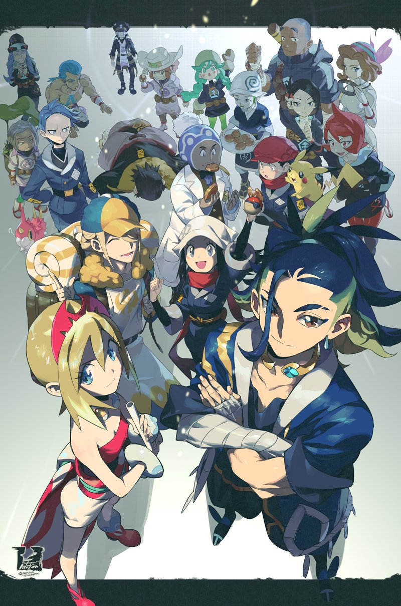 pikachu, akari, irida, ingo, volo, and 18 more (pokemon and 1 more) drawn by e_volution