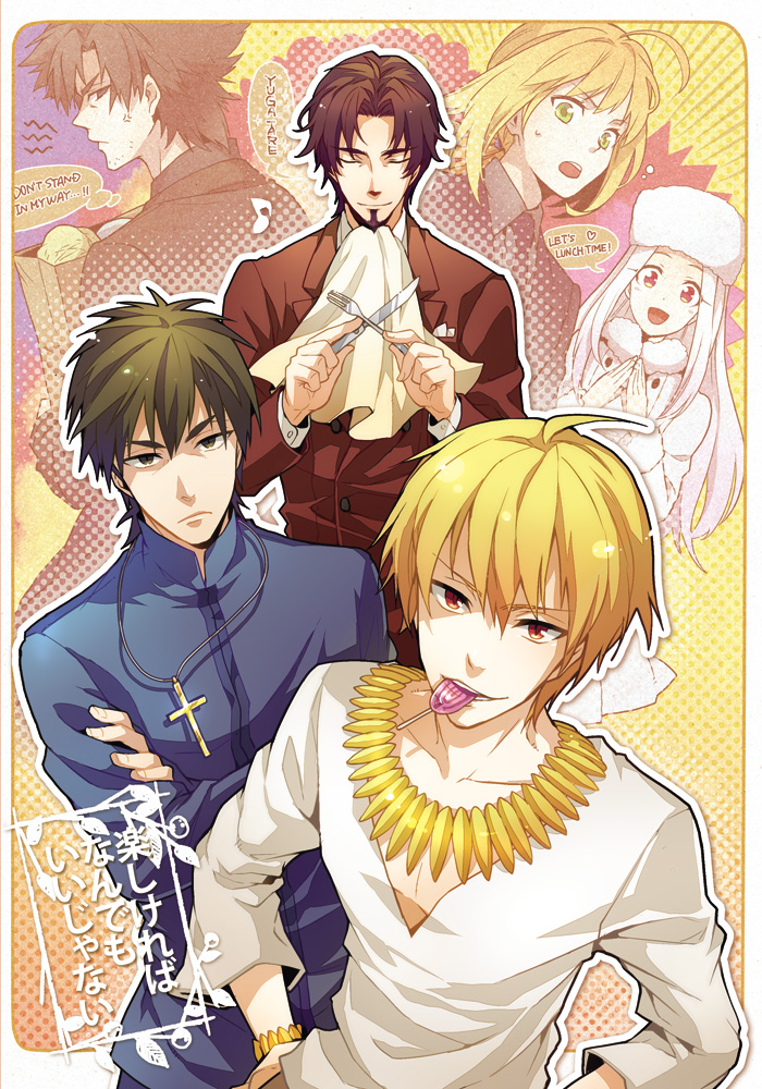 artoria pendragon, saber, kotomine kirei, emiya kiritsugu, irisviel von einzbern, and 2 more (fate and 1 more) drawn by sumesora