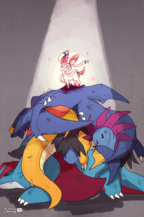 sylveon, garchomp, dragonite, hydreigon, and salamence (pokemon) drawn by finni_chang