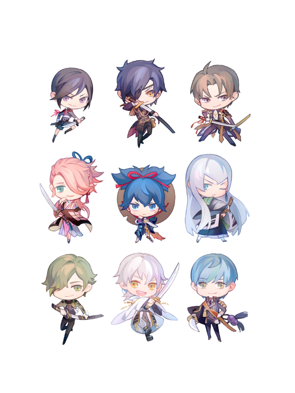 tsurumaru kuninaga, yagen toushirou, ichigo hitofuri, shokudaikiri mitsutada, sayo samonji, and 4 more (touken ranbu) drawn by istkeinmal