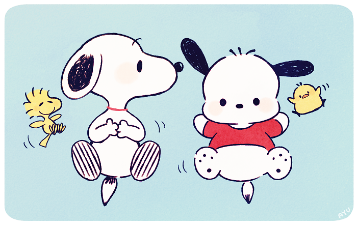 snoopy, pochacco, woodstock, and pi-chan (sanrio and 1 more) drawn by ayu_(mog)