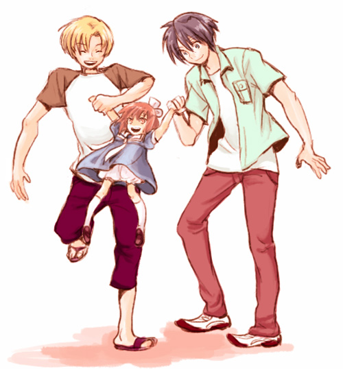 okazaki tomoya, okazaki ushio, and sunohara youhei (clannad) drawn by usutsuchi_kine