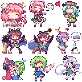 hakurei reimu, komeiji koishi, kochiya sanae, konpaku youmu, komeiji satori, and 3 more (touhou) drawn by kyako_youkan