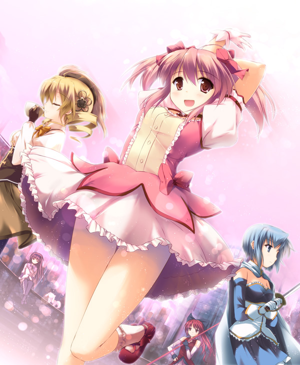 akemi homura, kaname madoka, miki sayaka, sakura kyoko, tomoe mami, and 1 more (mahou shoujo madoka magica) drawn by ryoumoto_ken