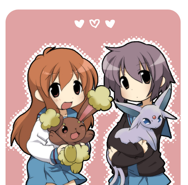 nagato yuki, asahina mikuru, espeon, and buneary (pokemon and 1 more) drawn by rikuta