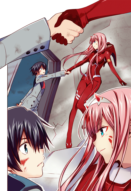zero two and hiro (darling in the franxx) drawn by ryu-geki and yabuki_kentarou