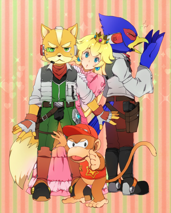 princess peach, fox mccloud, diddy kong, and falco lombardi (mario and 3 more) drawn by azkn