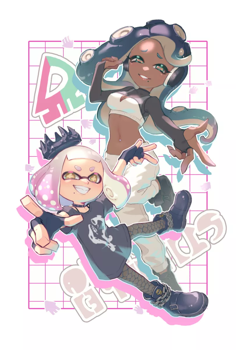 marina and pearl (splatoon and 1 more) drawn by hisu