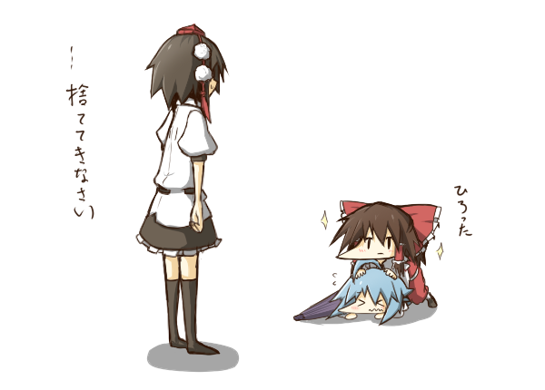 hakurei reimu, shameimaru aya, and tatara kogasa (touhou) drawn by asyura_kumo