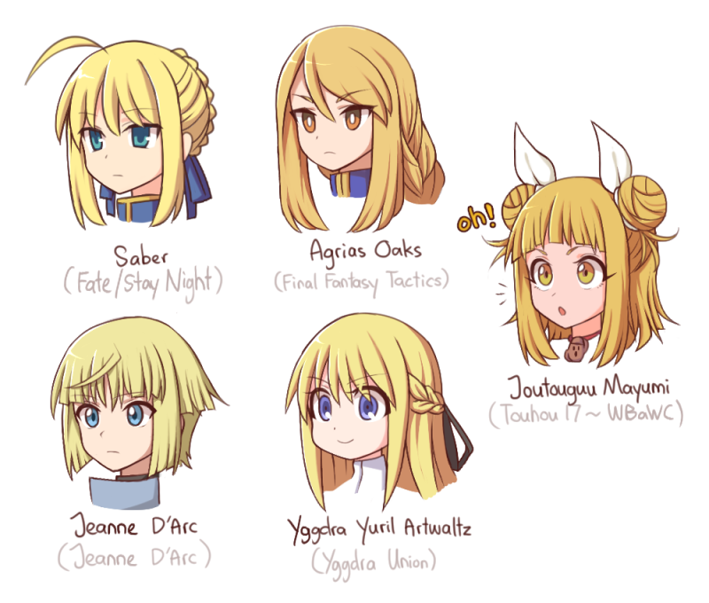 artoria pendragon, saber, joutouguu mayumi, agrias oaks, yggdra yuril artwaltz, and 1 more (touhou and 6 more) drawn by wool_(miwol)