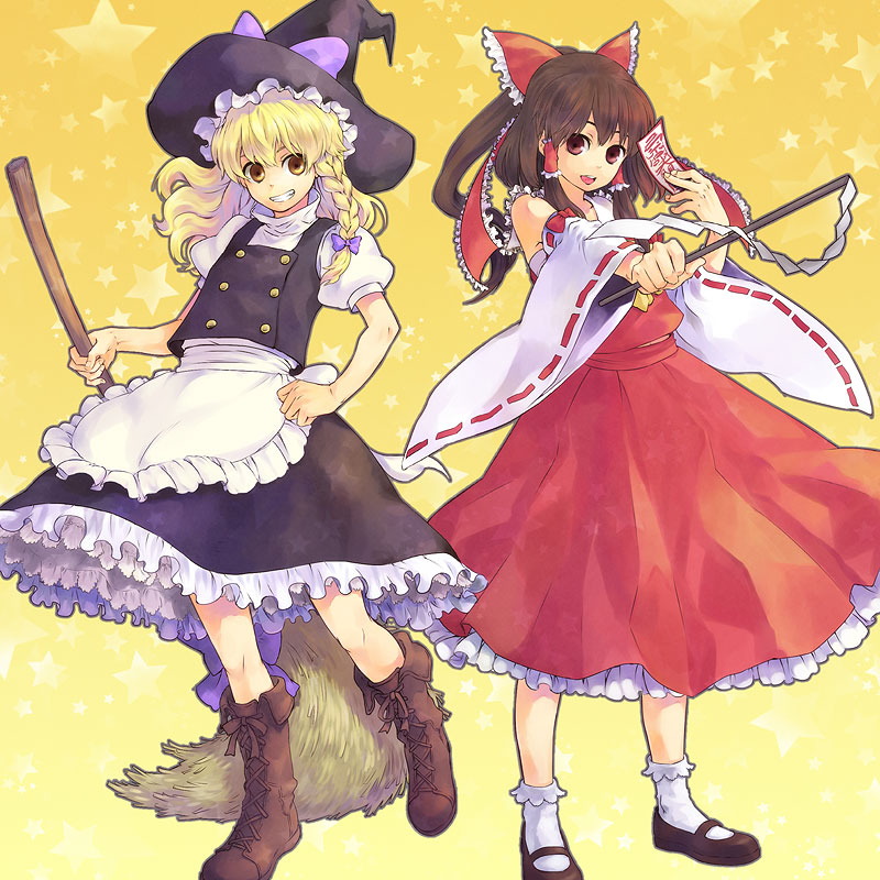 hakurei reimu and kirisame marisa (touhou) drawn by tomobe_kinuko