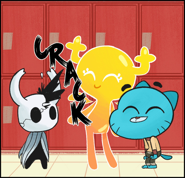 hollow knight, gumball watterson, and penny fitzgerald (hollow knight and 1 more) drawn by gato_del_futuro