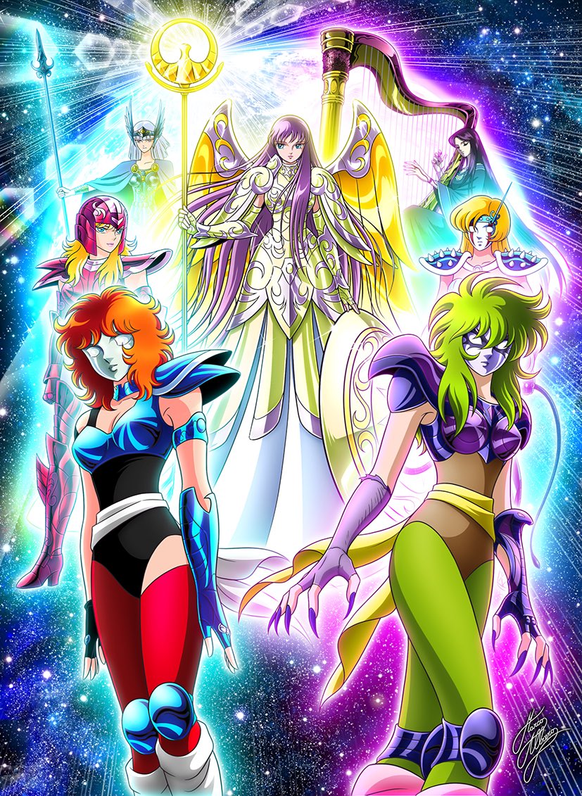 kido saori, aquila marin, ophiuchus shaina, pandora, polaris hilda, and 2 more (saint seiya) drawn by marco_albiero