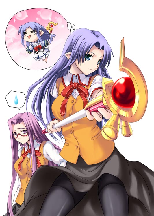 takamachi nanoha, medusa, raising heart, and medea (fate and 3 more) drawn by soba_(saz)